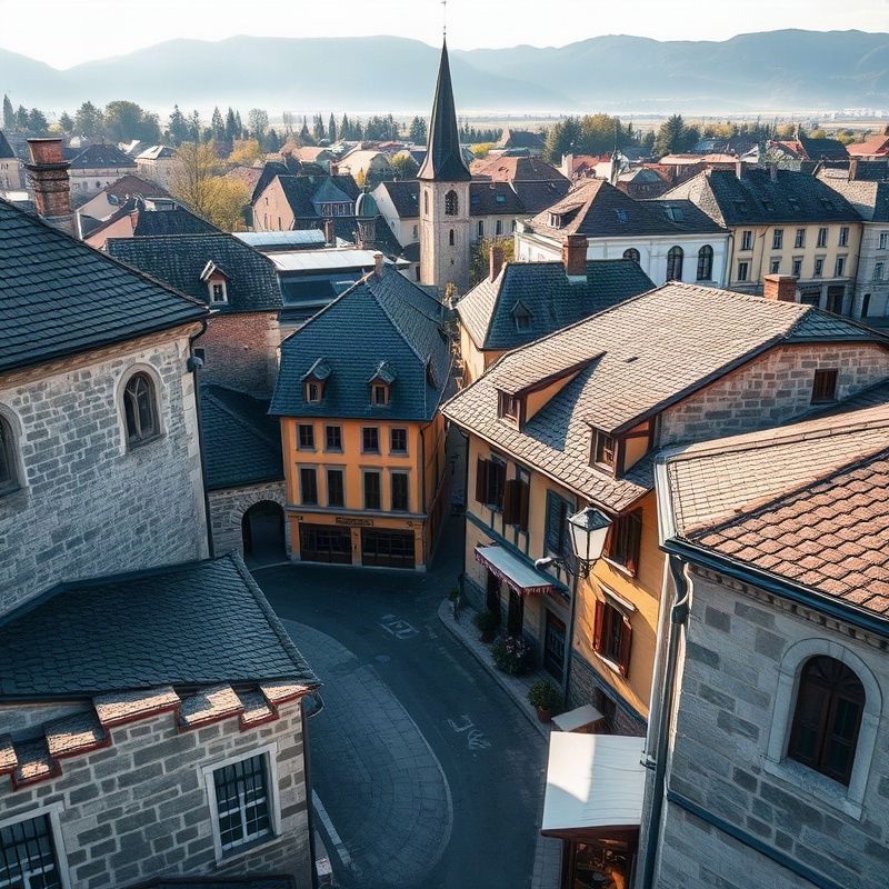 Središče Ptuja z značilno kamnito arhitekturo v jutranji svetlobi